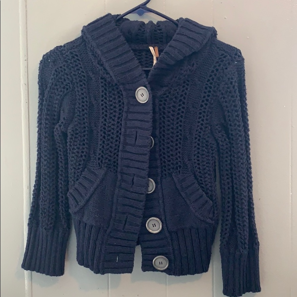 ❤️ Navy Free People Chunky Knit Hooded Sweater XS